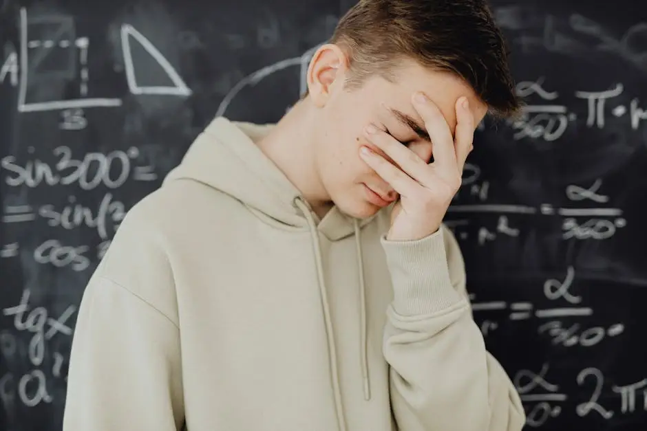 Young man overwhelmed by mathematical calculations on a blackboard in a classroom setting.