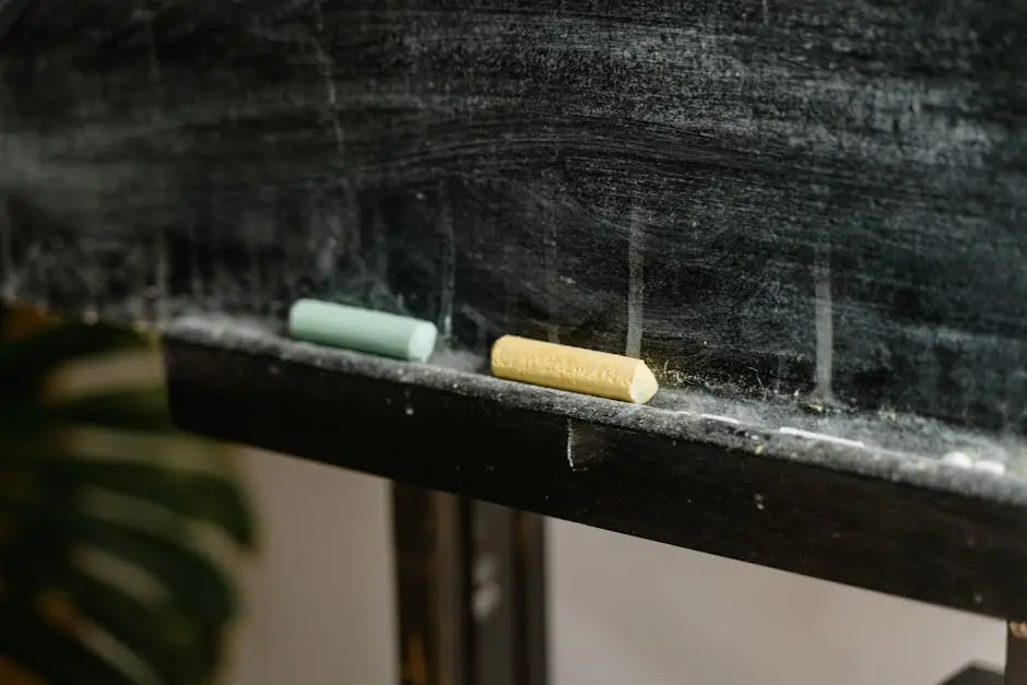 Detailed shot of colored chalk pieces on a dusty blackboard ledge. showing class room memory